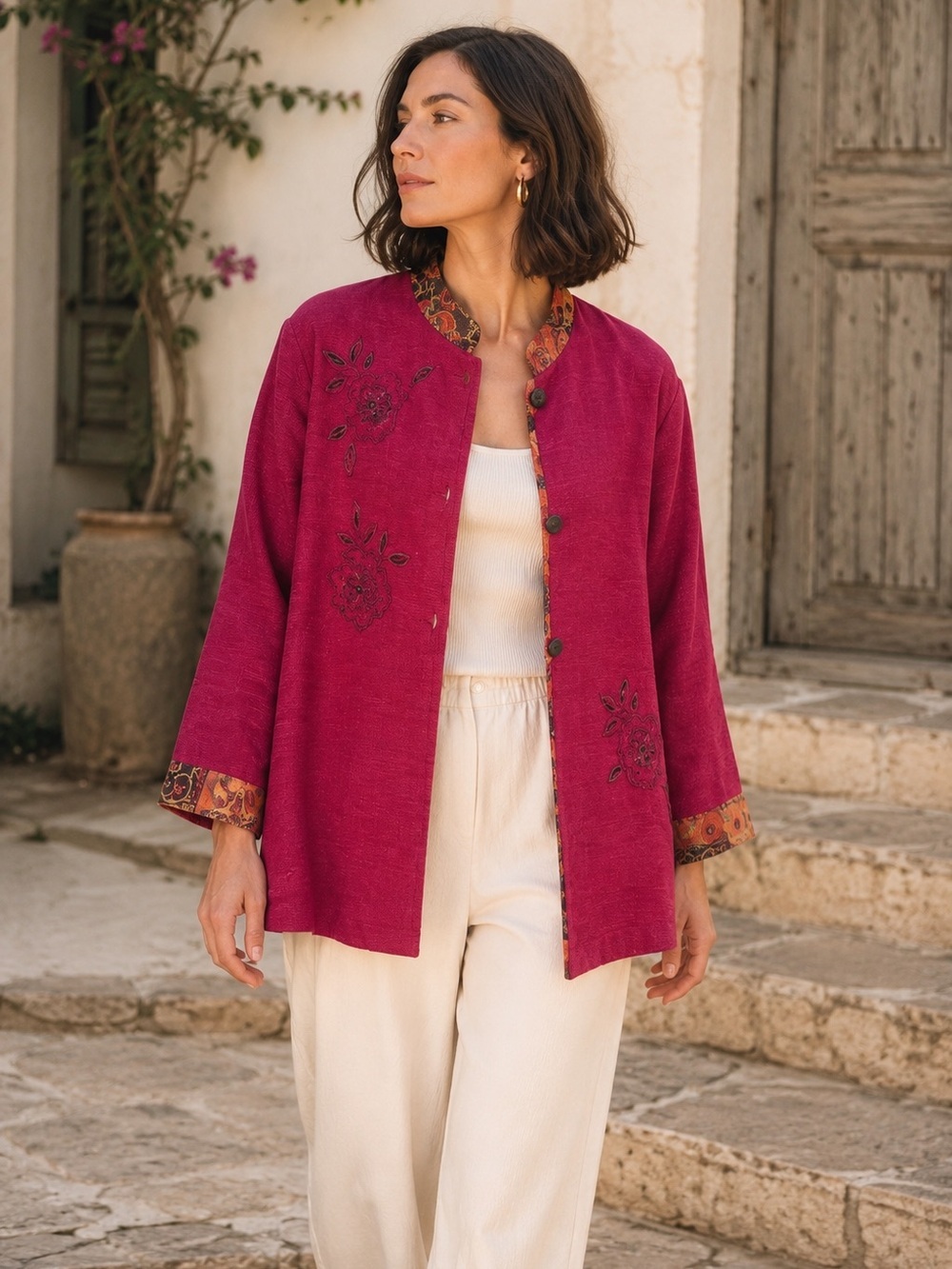 Vintage Napa Valley Embroidered Magenta Jacket Paisley Trim Large Boho Artsy